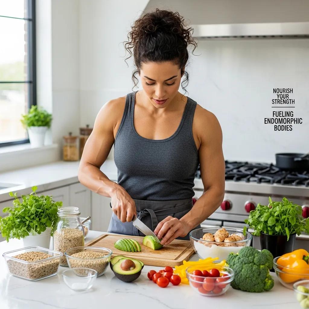 Woman preparing a healthy meal with chicken and avocados for endomorphic nutrition