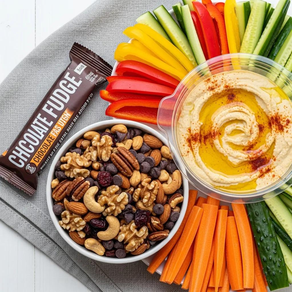 A variety of calorie-rich snacks including mixed nuts, a protein bar, and hummus with vegetables