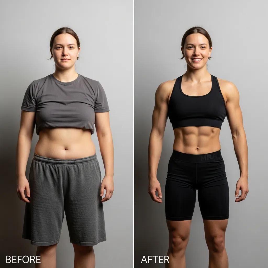 Before-and-after transformation of a person showcasing successful weight loss and muscle gain