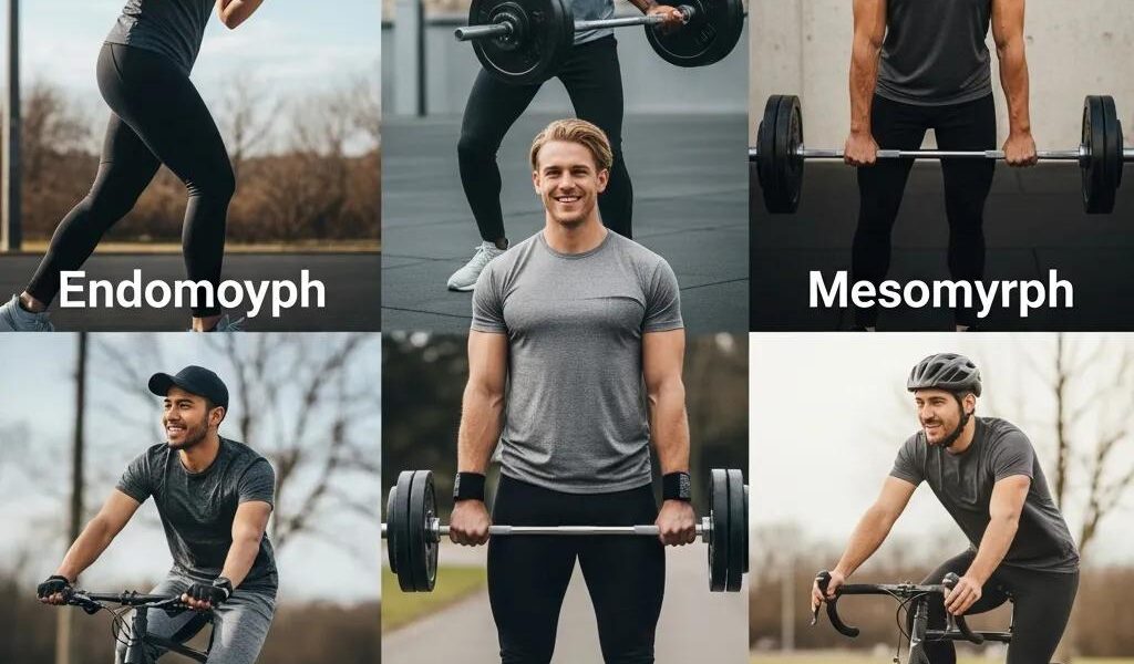 Diverse athletes representing Endomorph, Mesomorph, and Ektomorph body types engaged in various sports