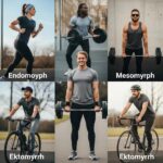 Diverse athletes representing Endomorph, Mesomorph, and Ektomorph body types engaged in various sports