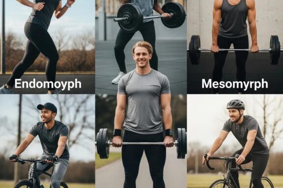 Diverse athletes representing Endomorph, Mesomorph, and Ektomorph body types engaged in various sports