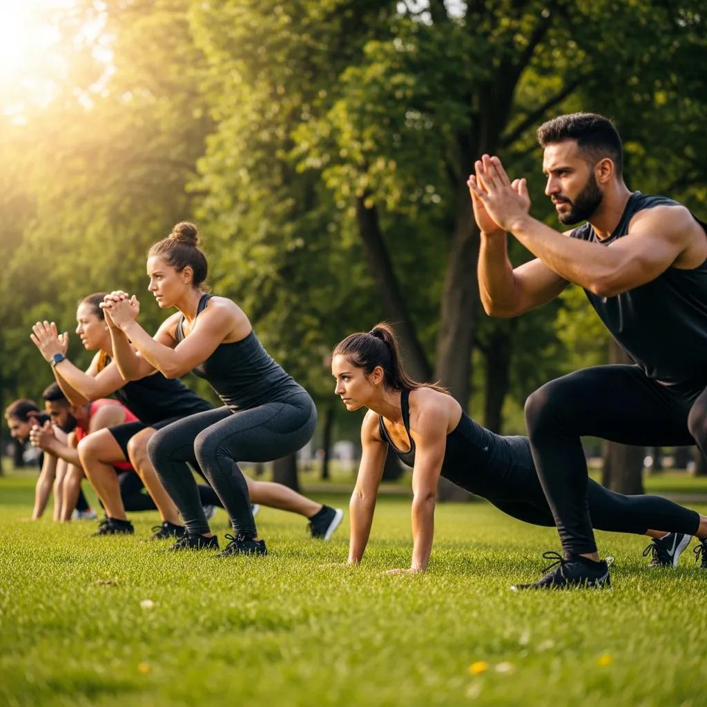 Diverse individuals participating in a high-intensity interval training session outdoors, showcasing effective exercises for endomorphs