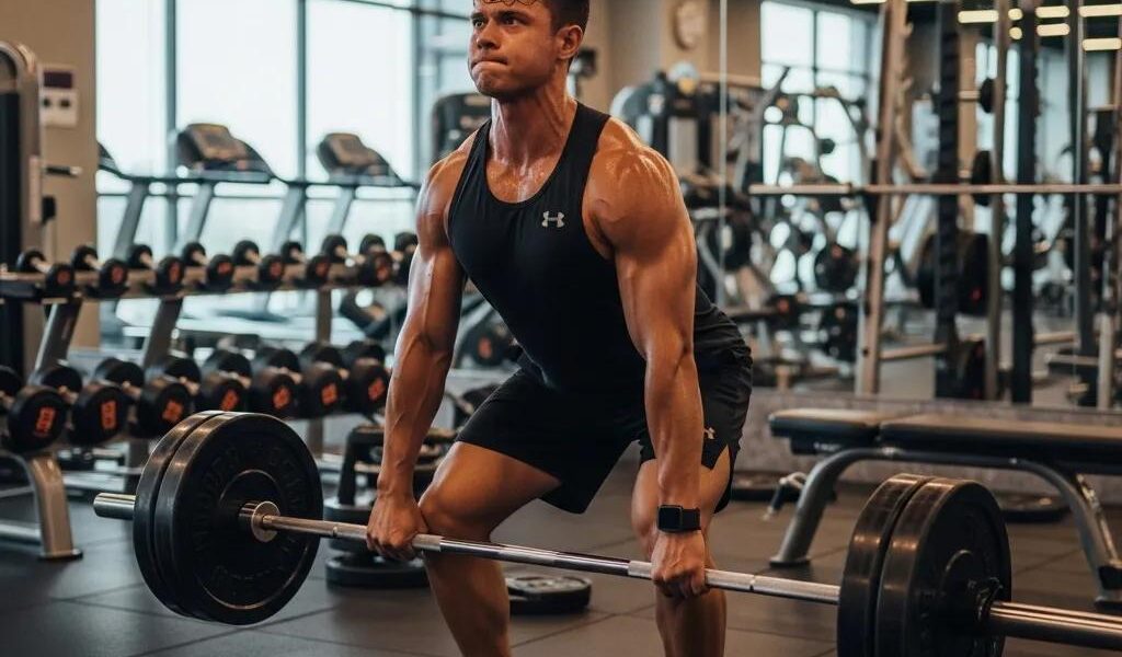 Fit individual with endomorph body type lifting weights in a gym, representing muscle building and fitness success