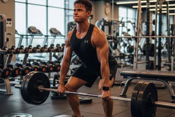 Fit individual with endomorph body type lifting weights in a gym, representing muscle building and fitness success