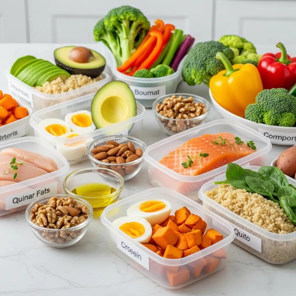 Healthy meal prep with protein-rich foods, healthy fats, and complex carbohydrates for endomorph diet
