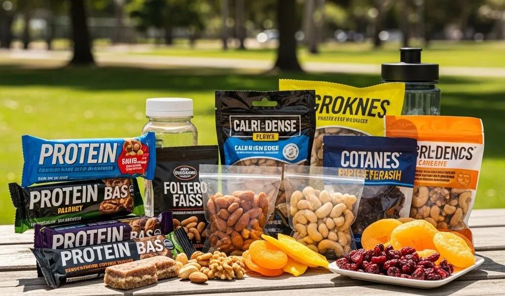 Healthy snacks for ectomorphs including protein bars, nut mixes, and dried fruits in a vibrant outdoor setting