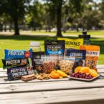 Healthy snacks for ectomorphs including protein bars, nut mixes, and dried fruits in a vibrant outdoor setting