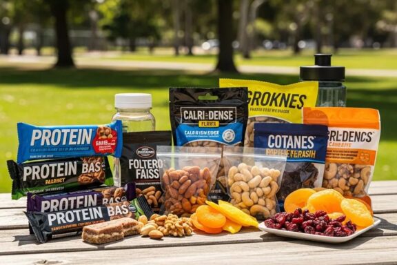 Healthy snacks for ectomorphs including protein bars, nut mixes, and dried fruits in a vibrant outdoor setting