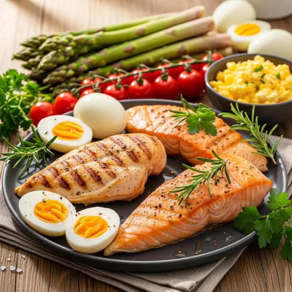 High-protein foods including chicken, fish, and eggs, supporting muscle growth for Mesomorph body types