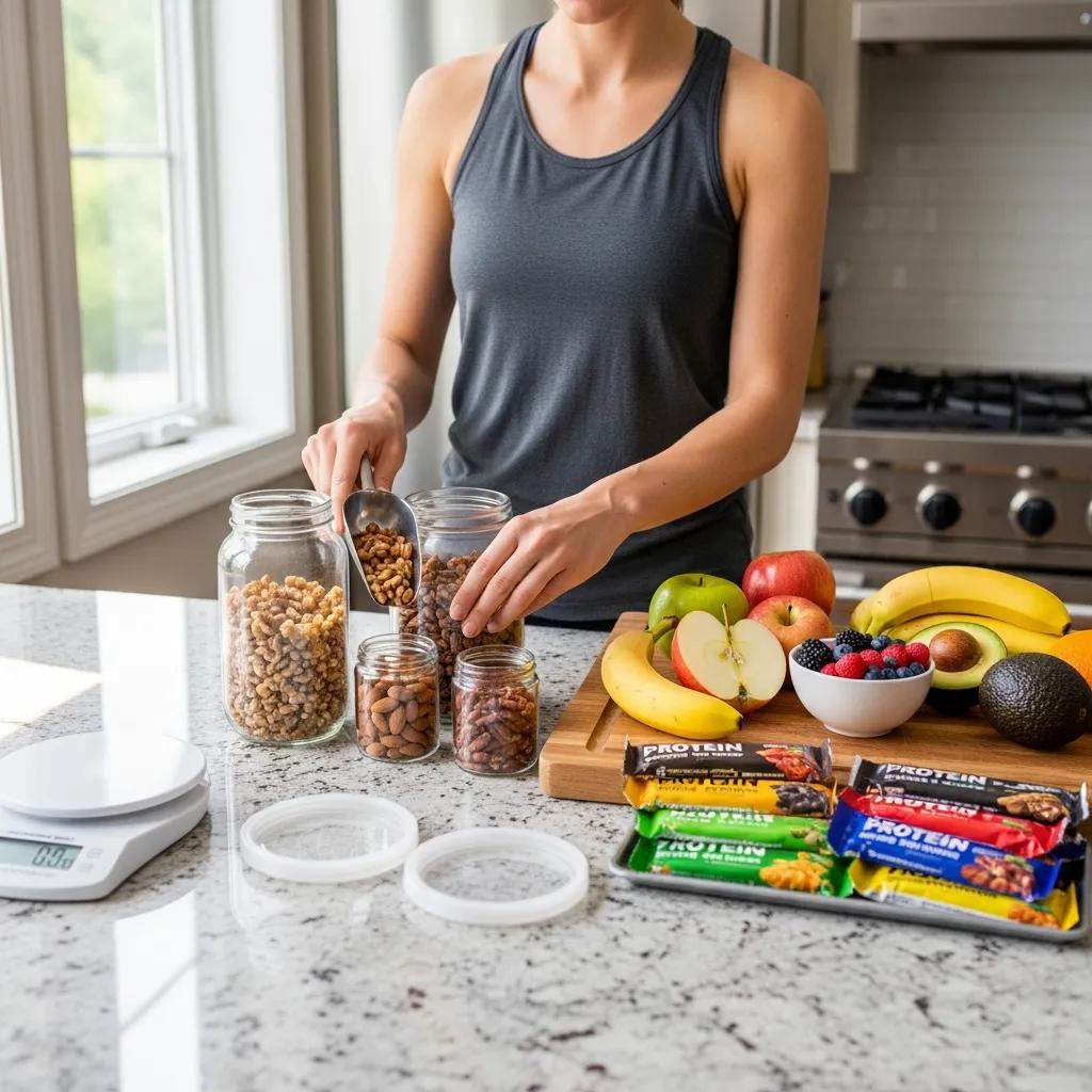 Preparation of healthy snacks with portioned nuts and fresh fruits in a kitchen setting
