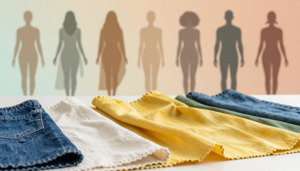 A detailed arrangement of fabrics, patterns, and colors alluding to various body types and silhouettes. In the foreground, showcase an array of swatches—soft cottons, flowing silks, and sturdy denim—highlighted by textures and vibrant hues like deep blues, bright yellows, and earthy greens. In the middle layer, incorporate abstract shapes representing different body silhouettes, gracefully draped in these fabrics, emphasizing how material and pattern influence appearance. The background features a soft-focus gradient transitioning from light to warm earth tones, creating an inviting and harmonious atmosphere. Utilize soft, natural lighting to enhance the textures and colors, capturing a serene yet vibrant mood. The angle should suggest a three-dimensional perspective to highlight the interaction of fabrics with body shapes.