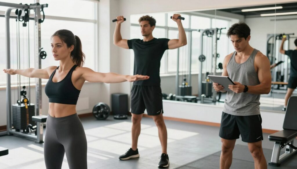 A diverse group of three individuals engaged in body recomposition exercises in a bright, well-lit gym setting. The foreground features a woman in professional workout attire demonstrating a stretching exercise, showing focus and concentration. In the middle ground, a man is lifting weights with proper form, highlighting the importance of technique. Another individual in modest activewear is reviewing their fitness plan on a tablet, embodying the theme of education and awareness. The background includes gym equipment, large mirrors reflecting determination, and natural sunlight filtering through large windows, creating an uplifting atmosphere. The overall mood is motivational and energetic, emphasizing the journey of body transformation while avoiding common mistakes.