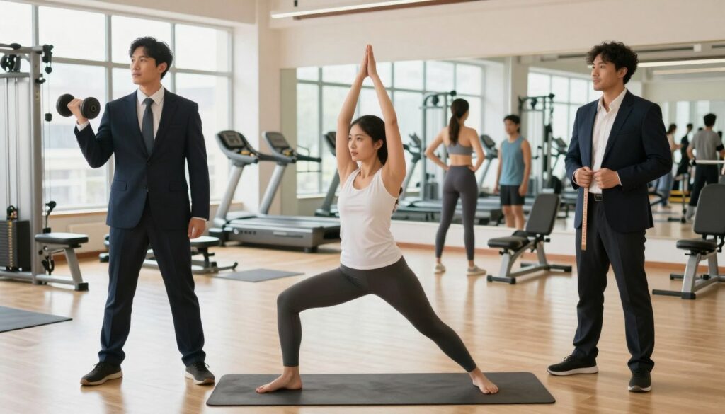 A dynamic scene illustrating body recomposition framed in a motivational and positive atmosphere. In the foreground, a diverse group of three individuals in professional business attire, positioned in engaging poses, each showing distinct stages of body transformation—one presenting weight lifting, another performing yoga, and the third measuring their physique. The middle ground features a bright and well-equipped gym environment, highlighting fitness equipment, mirrors, and a lively atmosphere. In the background, natural light floods through large windows, creating a warm and inviting ambiance. The overall mood conveys empowerment, determination, and a sense of community, emphasizing long-term success factors for body transformation through dedication and healthy living.