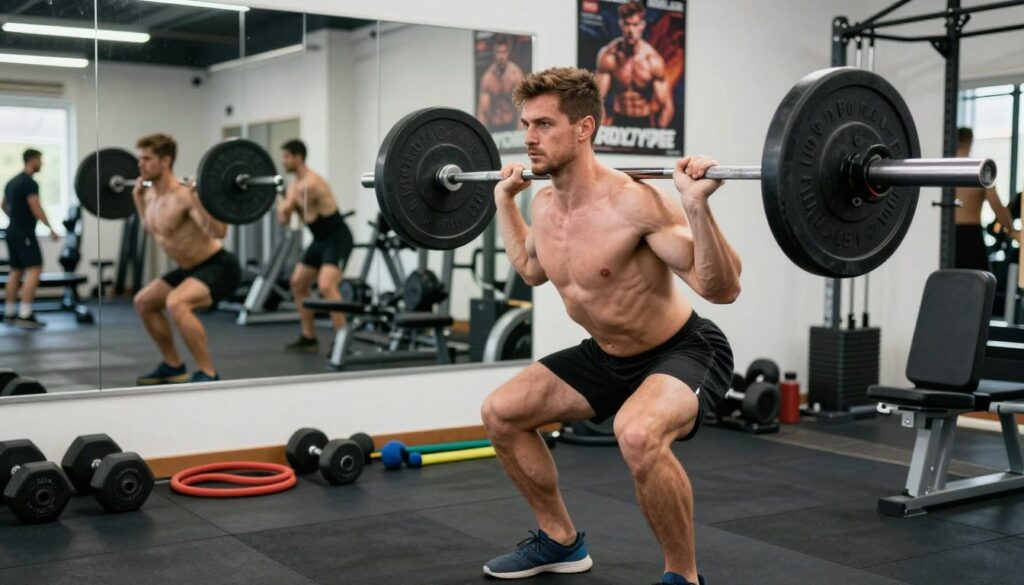 A dynamic scene illustrating effective training for the mesomorph body type, featuring a muscular individual in modest athletic attire, demonstrating a weightlifting exercise in a bright, well-lit gym. In the foreground, the individual focuses on a barbell lift with a determined expression, showcasing their strong physique. The middle ground reveals a variety of fitness equipment, including dumbbells and resistance bands, while a mirror reflects additional athletes engaged in their workouts, adding depth to the composition. The background displays motivational posters related to strength training. The lighting is bright and energetic, emphasizing the dedication and effort in the gym. The overall mood is inspiring and empowering, encouraging viewers to embrace effective training techniques. The scene subtly incorporates elements identifying with bodytypen.de.