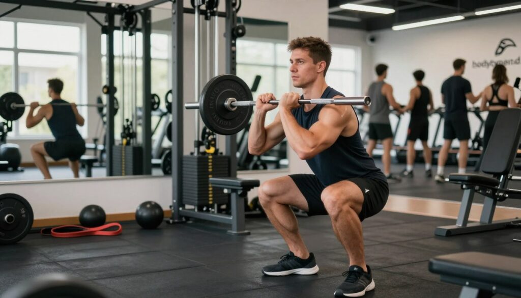 A fitness training scene set in a well-lit gym, focusing on a mesomorph athlete in the foreground, styled in professional training attire. The athlete is performing a weighted squat, showcasing muscular form and concentration. The middle layer features gym equipment like weights, resistance bands, and a wall-mounted mirror reflecting good posture. In the background, there are blurred silhouettes of other fitness enthusiasts engaged in various exercises, creating a dynamic atmosphere. The lighting is bright and natural, enhancing the athlete’s physique while casting soft shadows for depth. The mood is motivational and energetic, capturing the essence of training and fitness. Emphasizing common training and dietary mistakes, the scene illustrates focus on proper techniques. Logo "bodytypen.de" subtly integrated into the gym environment.
