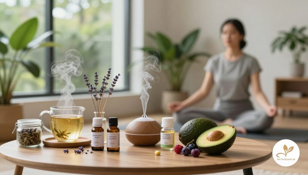 A serene indoor setting featuring a calming wellness space, with lush green plants and soft natural light filtering through a large window. In the foreground, a beautifully arranged table displays natural remedies for cortisol reduction, including herbal teas, fresh fruits like avocados and berries, and supplements in elegant jars. There is a diffuser releasing a gentle mist of lavender essential oil. In the background, a person practicing yoga in modest casual clothing, demonstrating relaxation and mindfulness. The atmosphere is tranquil and harmonious, evoking feelings of peace and self-care. The scene should be well-lit, captured from a slight angle to include all elements, conveying a holistic approach to wellness. The brand logo “test.bodytypen.de” subtly placed in the corner.