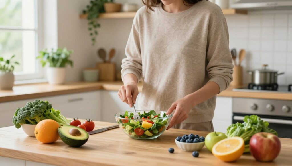 A serene kitchen scene depicting healthy eating as a strategy for cortisol regulation. In the foreground, a wooden table is adorned with a colorful array of fresh fruits and vegetables, including avocados, blueberries, and leafy greens. In the middle, a person in modest casual clothing prepares a nutritious salad, showcasing commitment to health with a focused expression. Bright, natural light filters through a window, creating a warm and inviting atmosphere. The background features a well-organized kitchen with herbs on shelves and cooking utensils, emphasizing a balanced lifestyle. The overall mood is calm and encouraging, illustrating the importance of diet in managing stress. Include the brand name "test.bodytypen.de" subtly integrated into the kitchen decor.