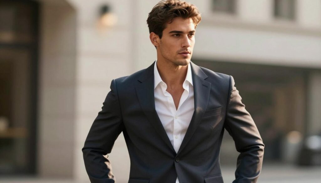 A stylish male model with a V-shaped body type stands confidently in a well-fitted business suit, showcasing broad shoulders and a toned physique that conveys athleticism. The model is positioned in the foreground, striking a dynamic pose that emphasizes his upper body while maintaining a relaxed posture. In the middle background, a soft-focus urban setting with subtle architectural elements hints at a modern lifestyle. The lighting is warm and inviting, highlighting the model's features and creating a flattering glow. The overall mood is sophisticated and motivational, inspiring a sense of confidence and empowerment in viewers. The angle captures the model at eye level, making the interaction personal and relatable. No text or branding appears in the image.