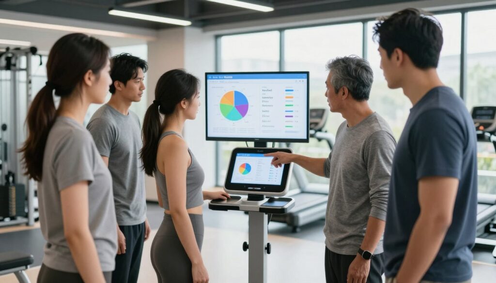 A professional setting showcasing a body composition analysis session. In the foreground, a diverse group of individuals dressed in smart casual attire examines a high-tech body composition scale. They engage in a thoughtful discussion, pointing at the device's display showing metrics like body fat percentage, muscle mass, and hydration levels. In the middle, a digital infographic with colorful charts and graphs enhances the understanding of the data being analyzed. The background features a modern, well-lit gym or health assessment center, with fitness equipment subtly arranged. Soft, natural lighting from large windows creates an inviting atmosphere, emphasizing professionalism and health awareness. The image conveys a sense of focus and determination, inspiring viewers to grasp the fundamentals of body analysis for better health.