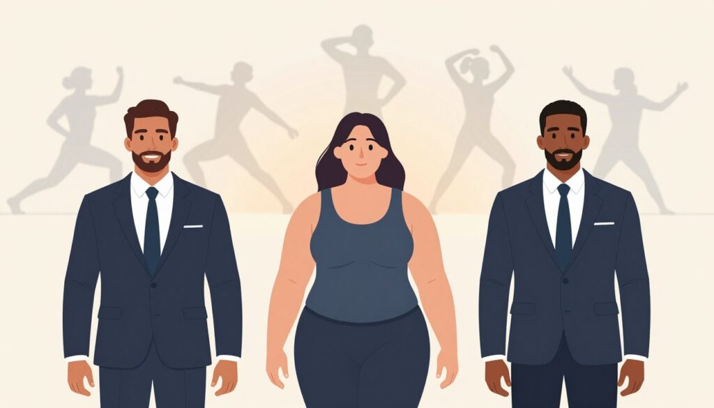 A well-organized, informative illustration showcasing the fundamentals of body composition and physical appearance. In the foreground, depict three diverse individuals of varying body types, dressed in professional business attire, standing confidently side by side. Each figure should represent different aspects of body composition: muscles, fat distribution, and overall posture, with subtle annotations indicating key features. In the middle ground, create a subtle gradient backdrop with silhouettes of human forms in dynamic poses to symbolize movement and diverse styles. The background should be a soft, neutral tone to enhance focus on the subjects. Use soft, natural lighting to evoke a professional and inviting atmosphere, with a slight depth of field to emphasize the individuals in the foreground.