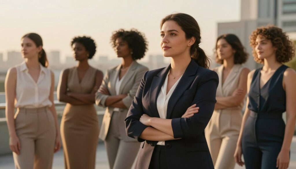A confident woman in her 30s stands at the forefront, showcasing her diverse body stature in an elegant, professional outfit that reflects her personal style. The focus is on her empowering posture, as she looks towards the horizon with a serene expression. In the middle ground, a variety of silhouettes representing different body types can be seen, all exuding confidence in their own unique fashion choices. The background features a softly blurred urban landscape, bathed in warm golden sunlight, creating an inviting and uplifting atmosphere. The scene is framed with a slight depth of field to emphasize the subjects. The lighting is natural, enhancing the richness of skin tones and textures in clothing, while the overall composition inspires a sense of self-acceptance and empowerment.