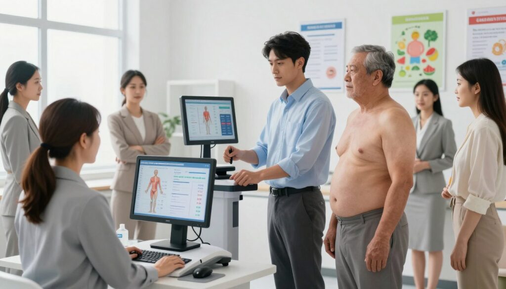 A detailed illustration of body composition analysis, prominently featuring a diverse group of individuals of various body types, dressed in professional business attire, conducting a health assessment in a modern and well-lit clinical setting. In the foreground, a middle-aged woman is observing a digital display of body composition metrics like muscle mass and fat percentage. In the middle ground, a young man is interacting with a high-tech body composition analyzer, with graphs and numbers visible on the screen. In the background, bright and spacious design with medical charts and healthy lifestyle posters. The atmosphere is one of empowerment and knowledge, conveying a sense of motivation and health improvement, with soft, natural lighting highlighting the subjects. The angle is slightly elevated to capture both the interaction and the technology at play in the scene.