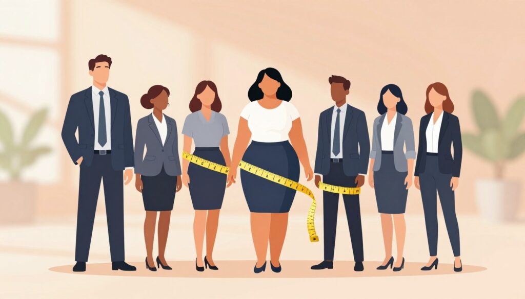 A dynamic illustration of optimal body proportions, featuring diverse human figures in professional business attire standing together, showcasing their distinctive body types. The foreground includes a tall, athletic individual, a curvy figure, and a petite person, all positioned to highlight their unique proportions. In the middle ground, a classic measuring tape curls around their silhouettes, emphasizing the concept of proportions. The background is softly blurred with an abstract gradient of warm earth tones, creating a welcoming and informative atmosphere. Bright, natural lighting casts soft shadows, giving depth to the scene. This image is designed to visually communicate the importance of body proportions and celebrate diversity. Include the brand name "bodytypen.de" subtly integrated into the design.