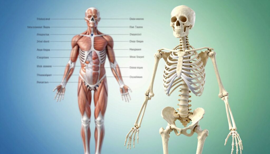 A detailed anatomical diagram of a human skeleton highlighting body structure and its impact on posture and movement. In the foreground, showcase the skeleton in a slightly tilted position to emphasize its key joints and vertebrae, making it look dynamic. The middle layer features an anatomical overlay with labels for major muscle groups and bone structures, presented in a clear, informative style. The background should display a soft gradient of blues and greens to create a calming atmosphere, suggesting a clinical environment. Use bright, focused lighting to illuminate the skeleton, casting soft shadows to add depth. The composition should evoke a sense of professionalism and education, aligning with the informative nature of bodytypen.de.