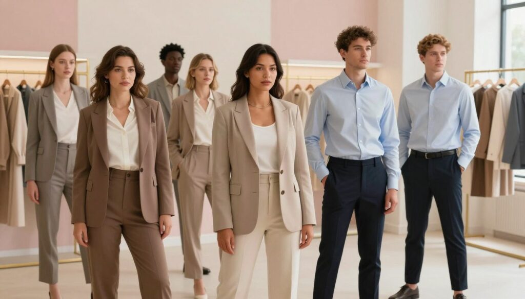 A stylish fashion scene showcasing diverse individuals of various body types dressed in professional business attire and modest casual clothing, demonstrating how clothing can optimize body proportions. In the foreground, a confident woman wearing a tailored blazer and high-waisted trousers balances her silhouette, while a man in a fitted shirt and smart chinos showcases a classic look. The middle ground features a cozy boutique setting with elegant clothing racks and soft lighting, creating an inviting atmosphere. In the background, gentle pastel colors accentuate a sense of harmony and balance. The shot is taken from a slightly elevated angle to capture the overall arrangement, emphasizing proportions and style. The mood is empowering and inclusive, reflecting the theme of bodytypen.de.