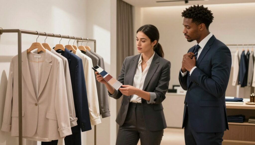 A stylish and modern fashion scene featuring diverse individuals showcasing different body types dressed in professional business attire. In the foreground, a confident woman in a tailored blazer and smart trousers examines a fabric swatch, while beside her a man adjusts his sleek tie, both engaged in a discussion about clothing fit. The middle ground includes a visually appealing clothing rack displaying a variety of tops suitable for different body proportions, illuminated by soft, diffused sunlight that creates a warm and inviting atmosphere. In the background, a minimalist boutique interior with neutral tones and stylish decor adds to the aesthetic. The overall mood is professional and inspiring, perfect for emphasizing the selection of upper garments that complement various body shapes. The image embodies the essence of bodytypen.de while maintaining a sense of elegance and inclusivity.