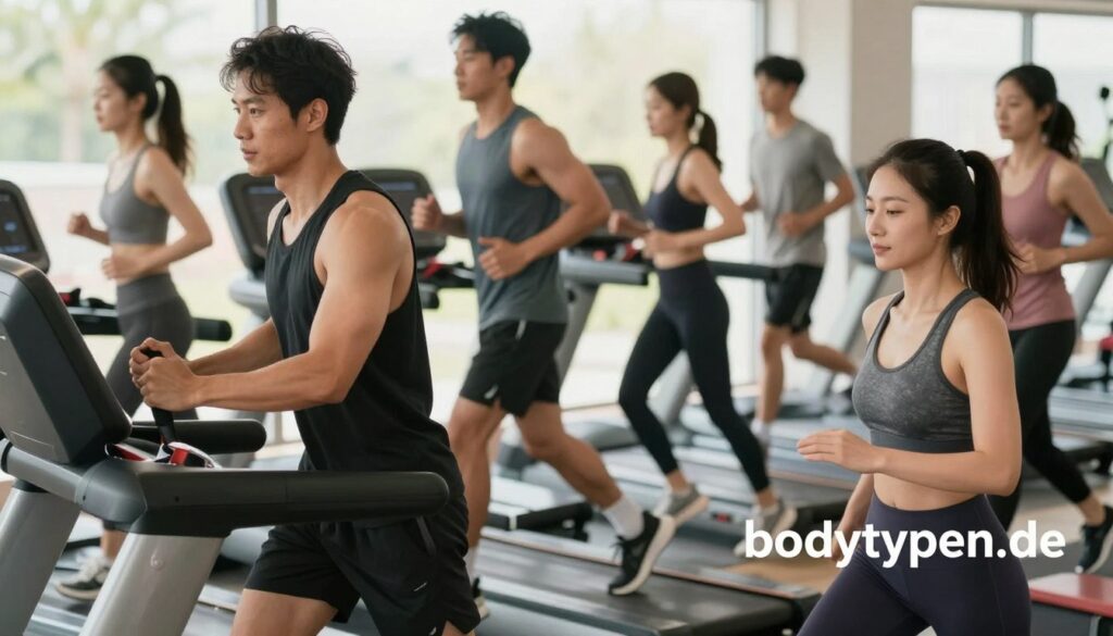 A dynamic fitness scene showcasing a diverse group of individuals in professional gym attire, illustrating various body types and physical fitness levels. In the foreground, a focused man performing a weightlifting exercise, displaying muscle definition. To the right, a woman practicing yoga, her serene expression reflecting concentration and balance. The middle ground features another individual jogging on the treadmill, exuding a sense of determination. The background has blurred figures engaged in group workouts, emphasizing community and support. Soft, natural sunlight filters in through large windows, creating an uplifting atmosphere. The image should capture a sense of vitality and awareness of body changes, resonating with the theme of physical condition. Include the brand name "bodytypen.de" subtly integrated into the environment, enhancing the focus on body awareness without overt branding.